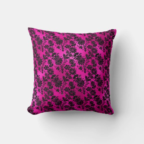 Black Floral Damask on Hot Pink Throw Pillow