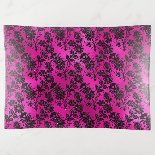 Black Floral Damask on Hot Pink Trinket Tray