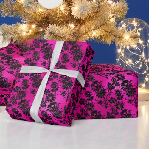 Black Floral Damask on Hot Pink Wrapping Paper