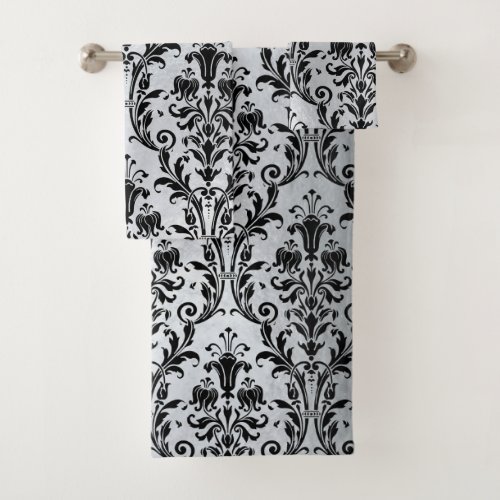 Black Floral Damask On Silver Bath Towel Set