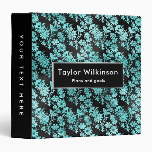 Black Floral Damask on Turquoise Blue 3 Ring Binder