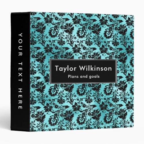 Black Floral Damask on Turquoise Blue 3 Ring Binder