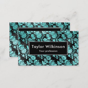 Black Floral Damask On Turquoise Blue Business Card by KirstyLouiseDesigns at Zazzle