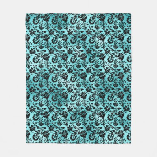 Black Floral Damask on Turquoise Blue Fleece Blanket