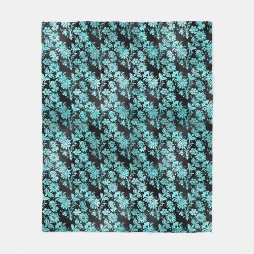 Black Floral Damask on Turquoise Blue Fleece Blanket