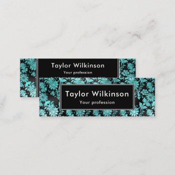 Black Floral Damask On Turquoise Blue Mini Business Card by KirstyLouiseDesigns at Zazzle