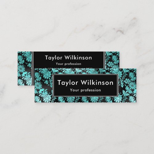 Black Floral Damask on Turquoise Blue Mini Business Card