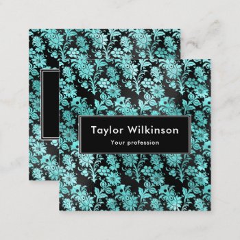 Black Floral Damask On Turquoise Blue Square Business Card by KirstyLouiseDesigns at Zazzle