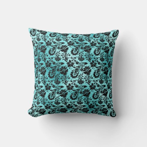Black Floral Damask on Turquoise Blue Throw Pillow