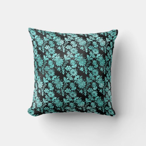 Black Floral Damask on Turquoise Blue Throw Pillow