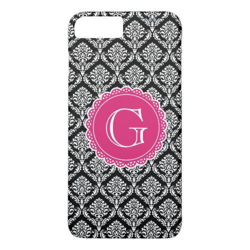 Black Floral Damask Pattern Hot Pink Monogram iPhone 8 Plus7 Plus Case