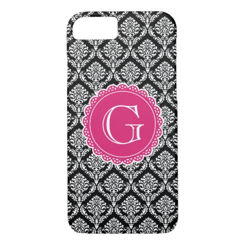 Black Floral Damask Pattern Hot Pink Monogram iPhone 87 Case