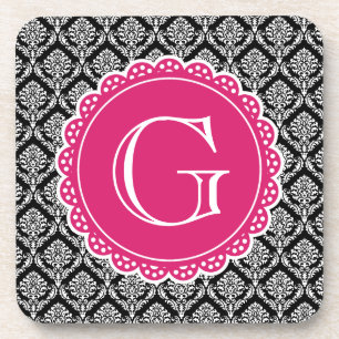 Black Floral Damask Pattern Hot Pink Monogram Drink Coaster