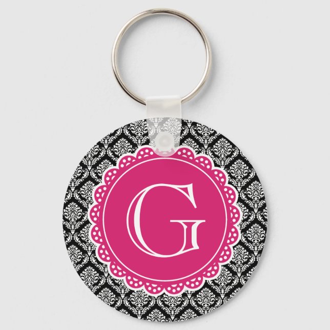 Black Floral Damask Pattern Hot Pink Monogram Keychain (Front)