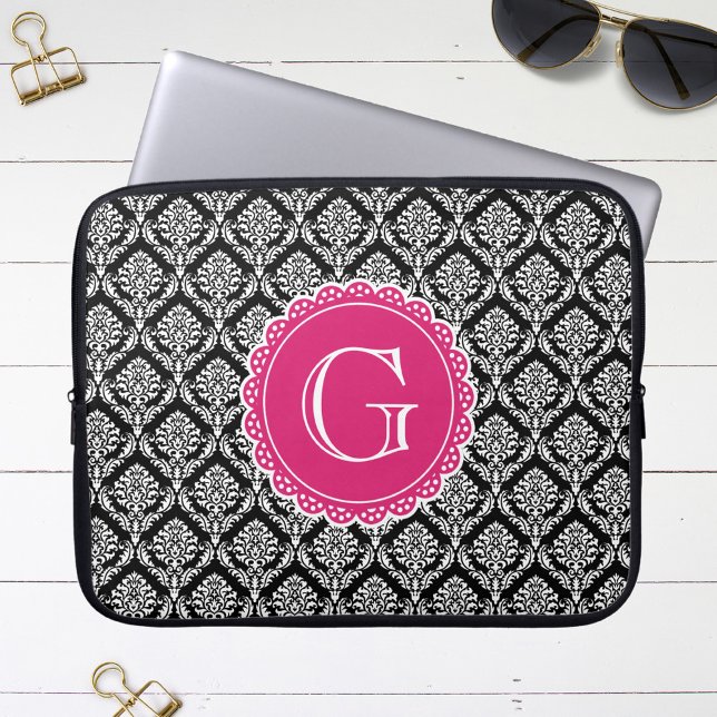 Black Floral Damask Pattern Hot Pink Monogram Laptop Sleeve (Creator Uploaded)