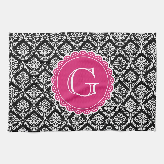 Black Floral Damask Pattern Hot Pink Monogram Towel (Horizontal)
