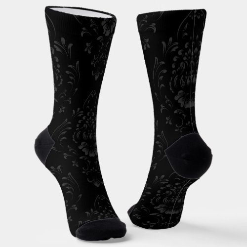 Black Floral Damask Pattern Socks