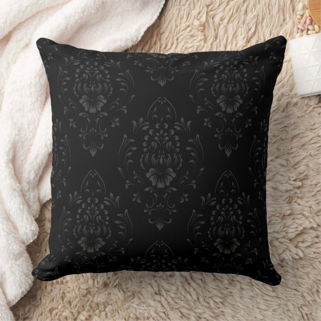 Black Floral Damask Pattern Throw Pillow (Blanket)