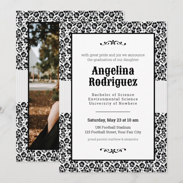 Black Floral Damask Photo Graduation Invitation (Front/Back)