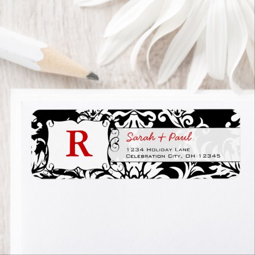 Black Floral Damask Red Font Return Address Label