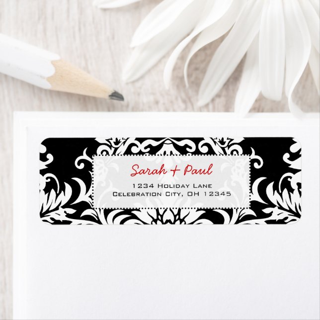 Black Floral Damask Red Font Return Address Label (Insitu)