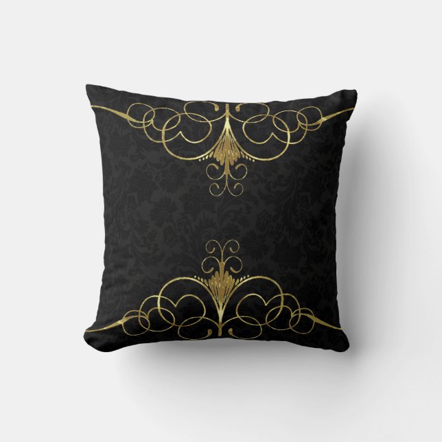 Black Floral Damasks & Gold Swirly Frame Throw Pillow (Front)