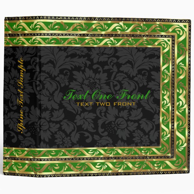 Black Floral Damasks - Green & Gold Border Frame 3 Ring Binder (Front/Spine)