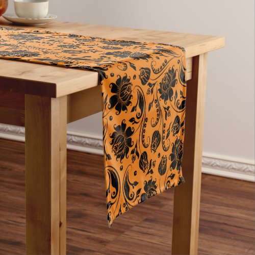 Black Floral Damasks On Orange Background Short Table Runner