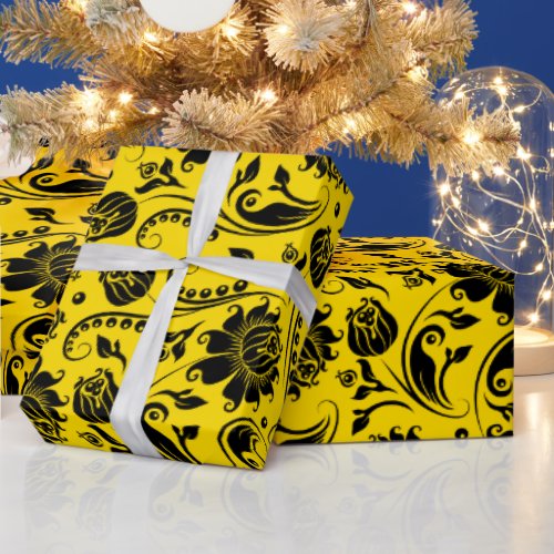 Black Floral Damasks On Yellow Wrapping Paper