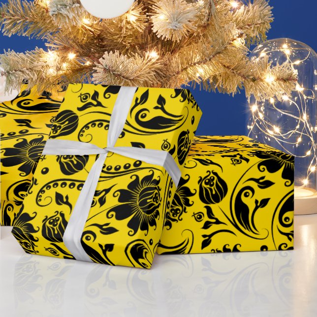 Black Floral Damasks On Yellow Wrapping Paper (Holidays)