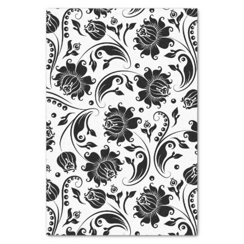 Black  Floral Damasks Pattern White Background Tissue Paper