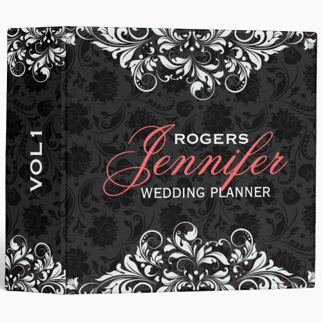 Black Floral Damasks White Lace Lace 3 Ring Binder (Front/Spine)