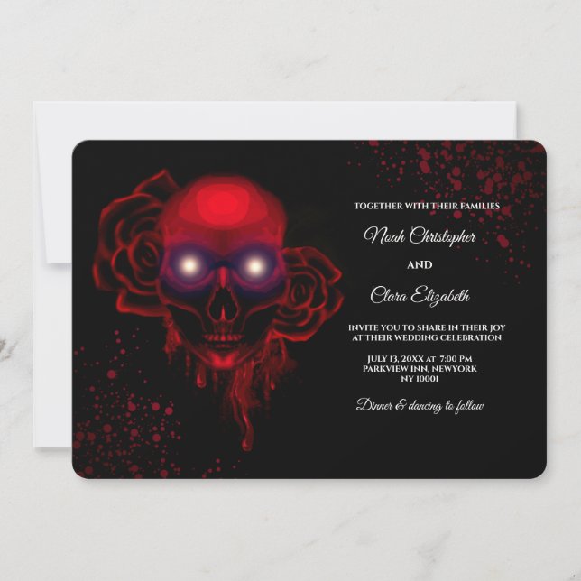 Black floral dark moody gothic skull halloween invitation (Front)