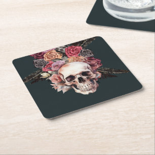 Black floral death, gothic birthday napkins square paper coaster