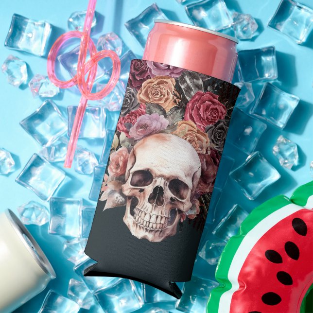 Black floral death, gothic birthday  seltzer can cooler (In Situ Summer)
