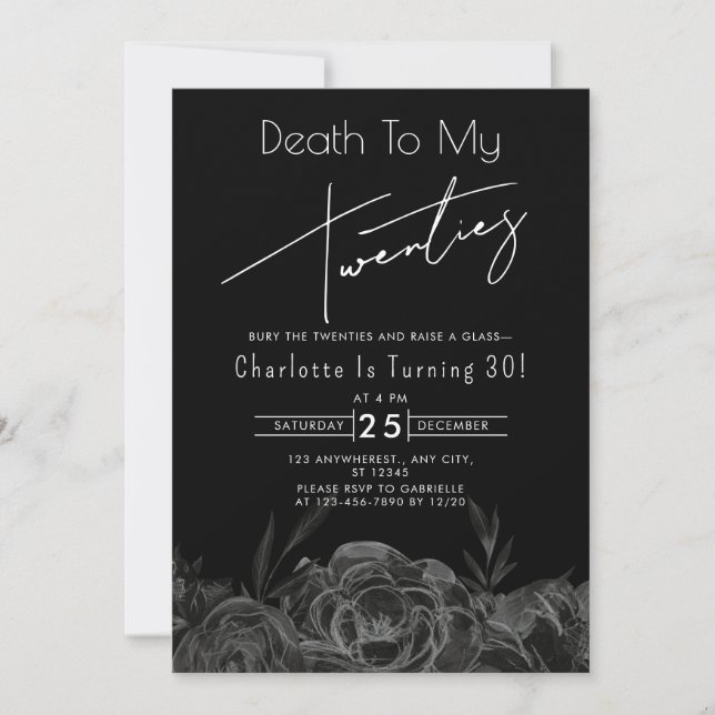 Black Floral Death to My Twenties 30th Birthday Invitation (Front)