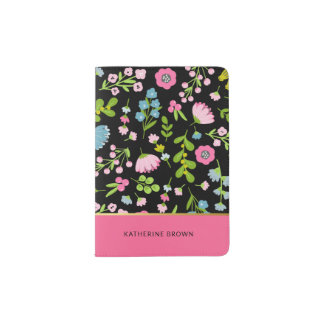 Black Floral Design Stylish Trendy Girly Passport Holder