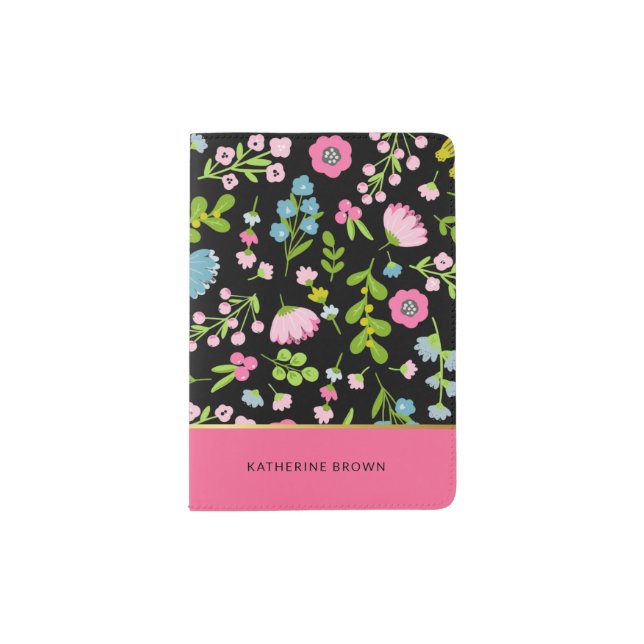 Black Floral Design Stylish Trendy Girly Passport Holder (Front)