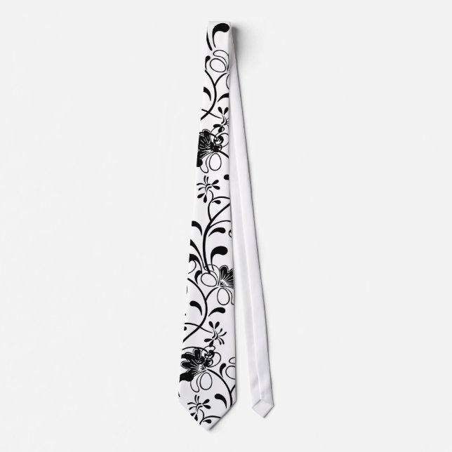Black Floral Design Unique Black/White Design Tie (Front)