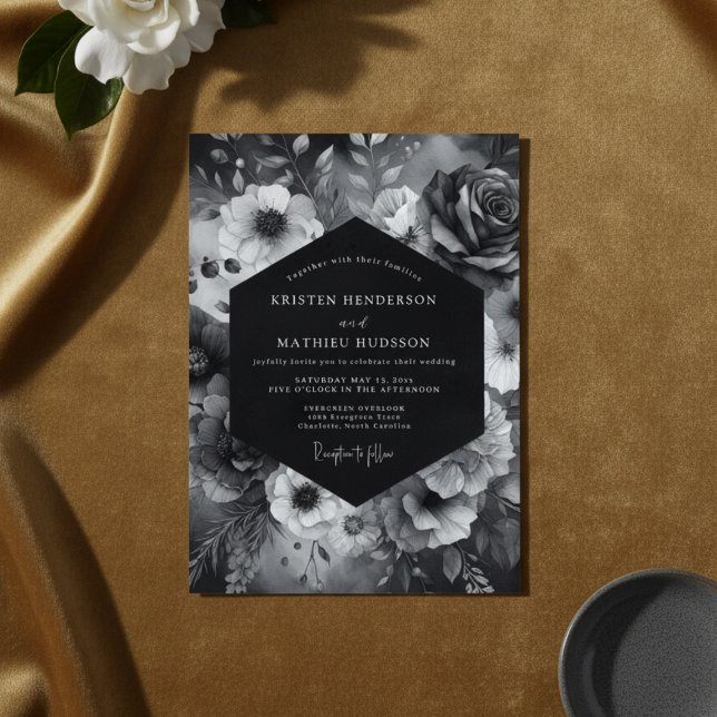 Black Floral Dramatic Bloom Wedding Invitation (Creator Uploaded)