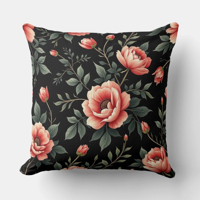 Black Floral Dream Throw Pillow (Front)