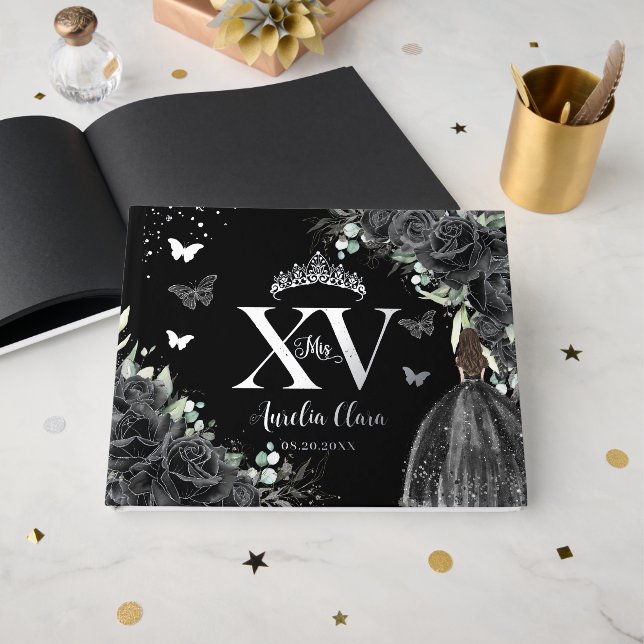 Black Floral Dress Butterflies Silver Quinceañera  Foil Guest Book (Front Open)