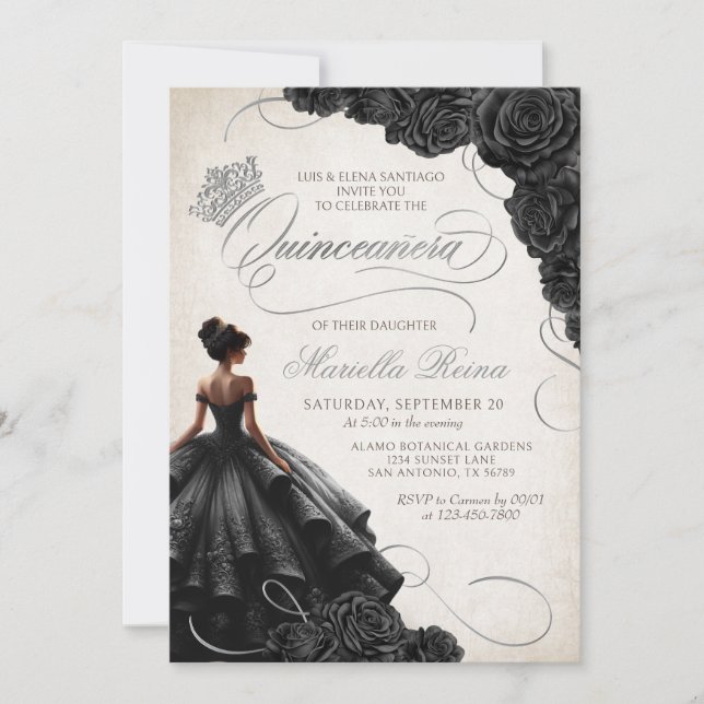 Black Floral Dress Quinceañera Invitation (Front)