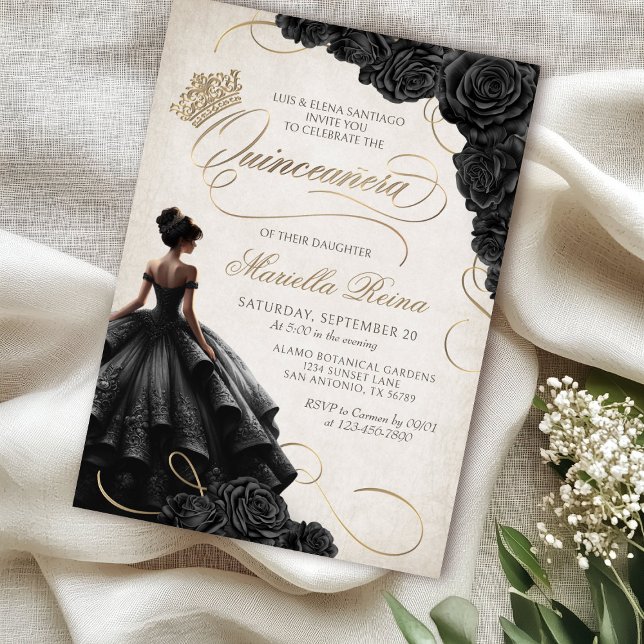 Black Floral Dress Quinceañera Invitation (Creator Uploaded)