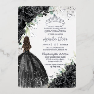 Black Floral Dress Quinceañera Sweet 16 XV Silver Foil Invitation
