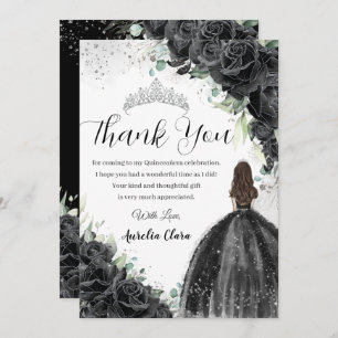 Black Floral Dress Silver Quinceañera Sweet 16 XV Thank You Card