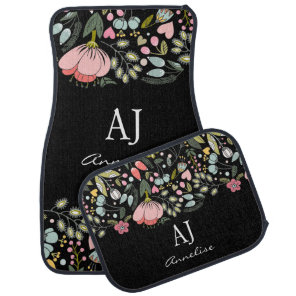 Black floral elegant monogram name personalized car floor mat
