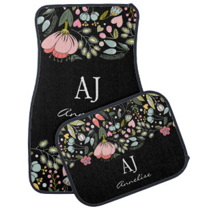 Black floral elegant monogram name personalized car floor mat