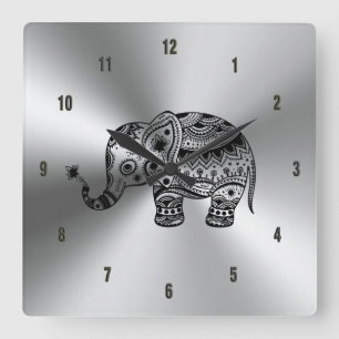 Black Floral Elephant Metallic Silver Square Wall Clock