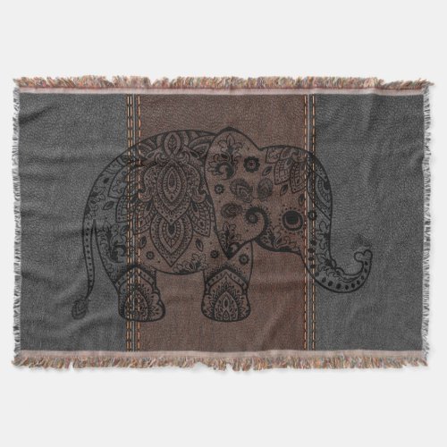 Black Floral Elephant Pn Vintage Leather Throw Blanket